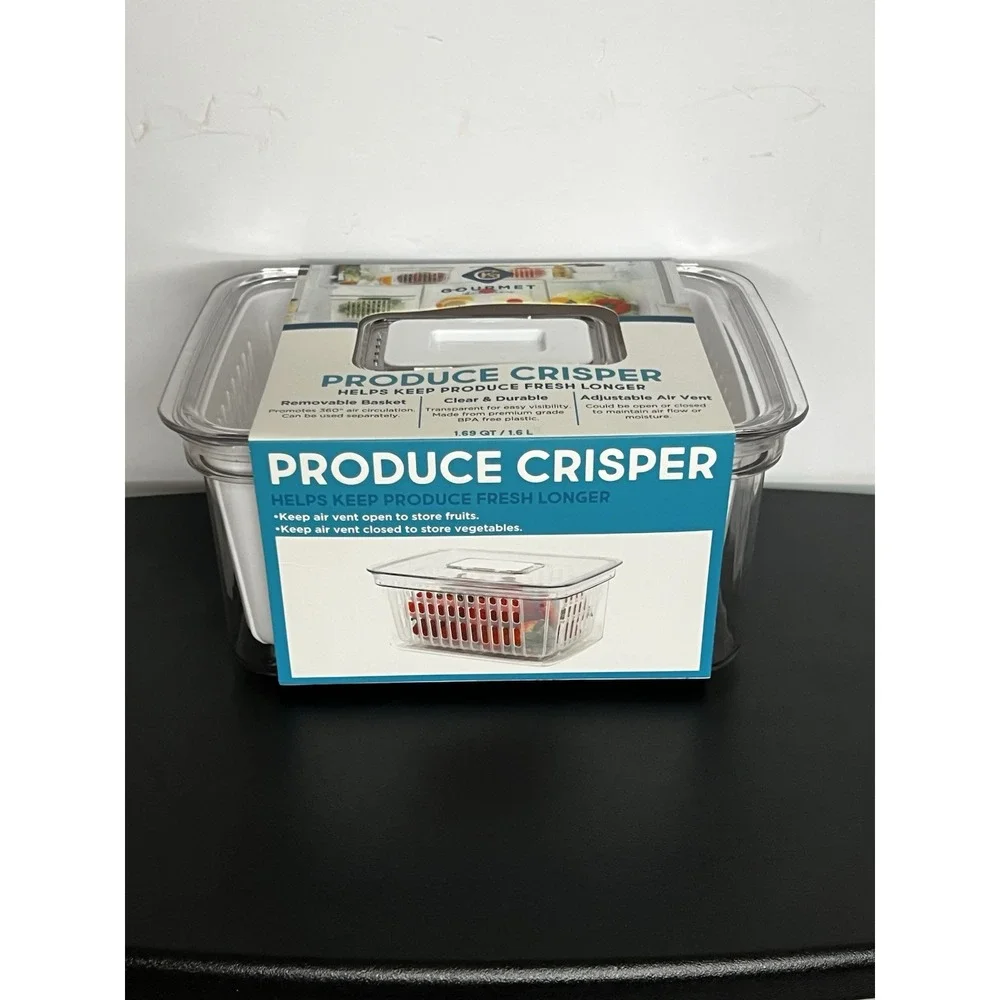 Produce Crisper Container 1.69 Qt — Removable Basket, Adjustable Air Vent, Clear